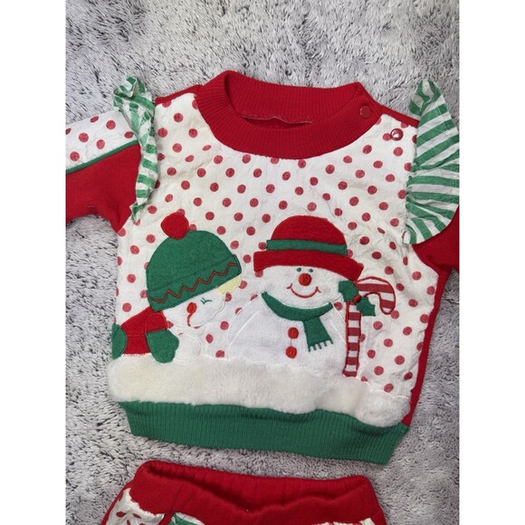 Vintage Baby Christmas Sweatsuit Hush Puppies Snowman Set 6/9M Red Green Fleece - Picture 2 of 10